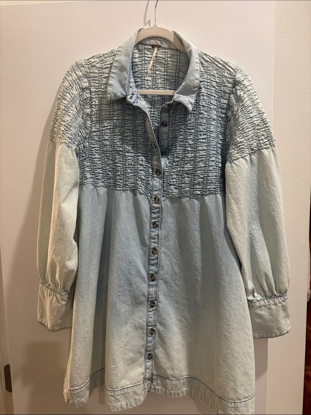 Free People Light Blue Smocked Denim Shirt Dress